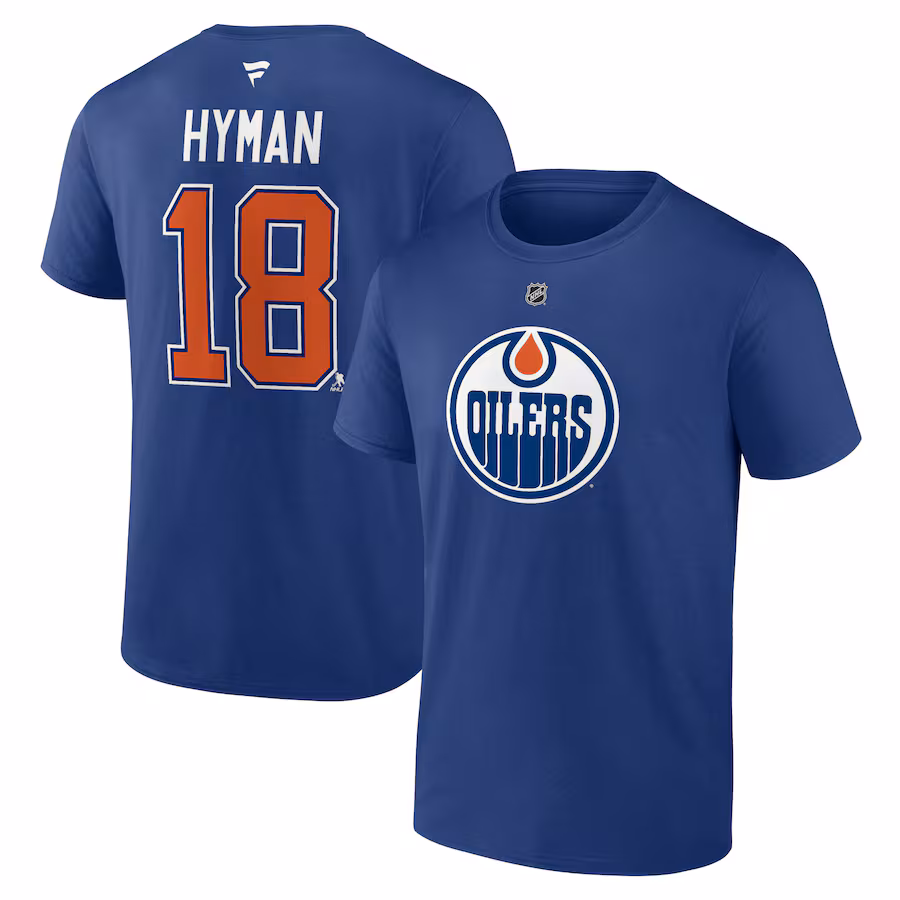 Men's Edmonton Oilers Zach Hyman Fanatics Blue Authentic Stack Name & Number T-Shirt