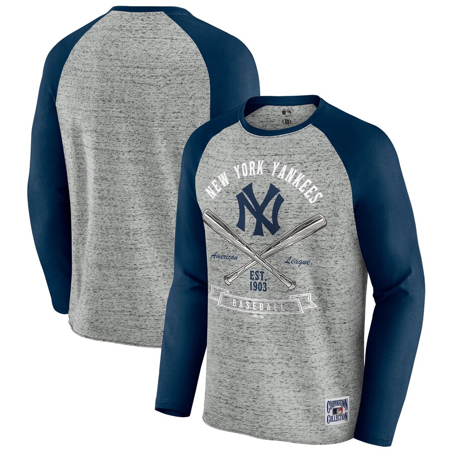 Men's New York Yankees Darius Rucker Collection by Fanatics Heather Gray Raw Edge Raglan Long Sleeve Baseball T-Shirt