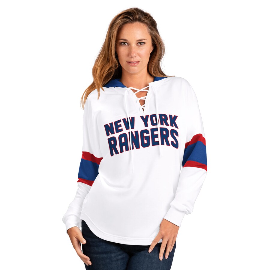 Women's New York Rangers G-III 4Her by Carl Banks White/Blue Goal Zone Long Sleeve Lace-Up Hoodie T-Shirt