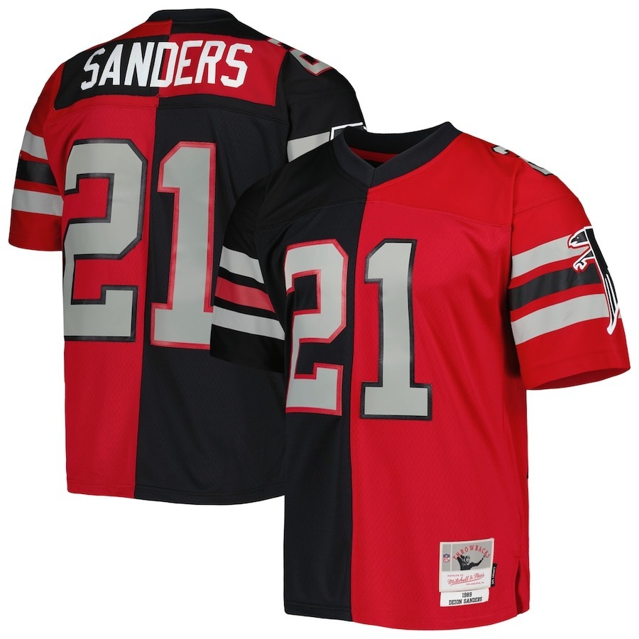 Men's Atlanta Falcons Deion Sanders Mitchell & Ness Black/Red 1989 Split Legacy Replica Jersey