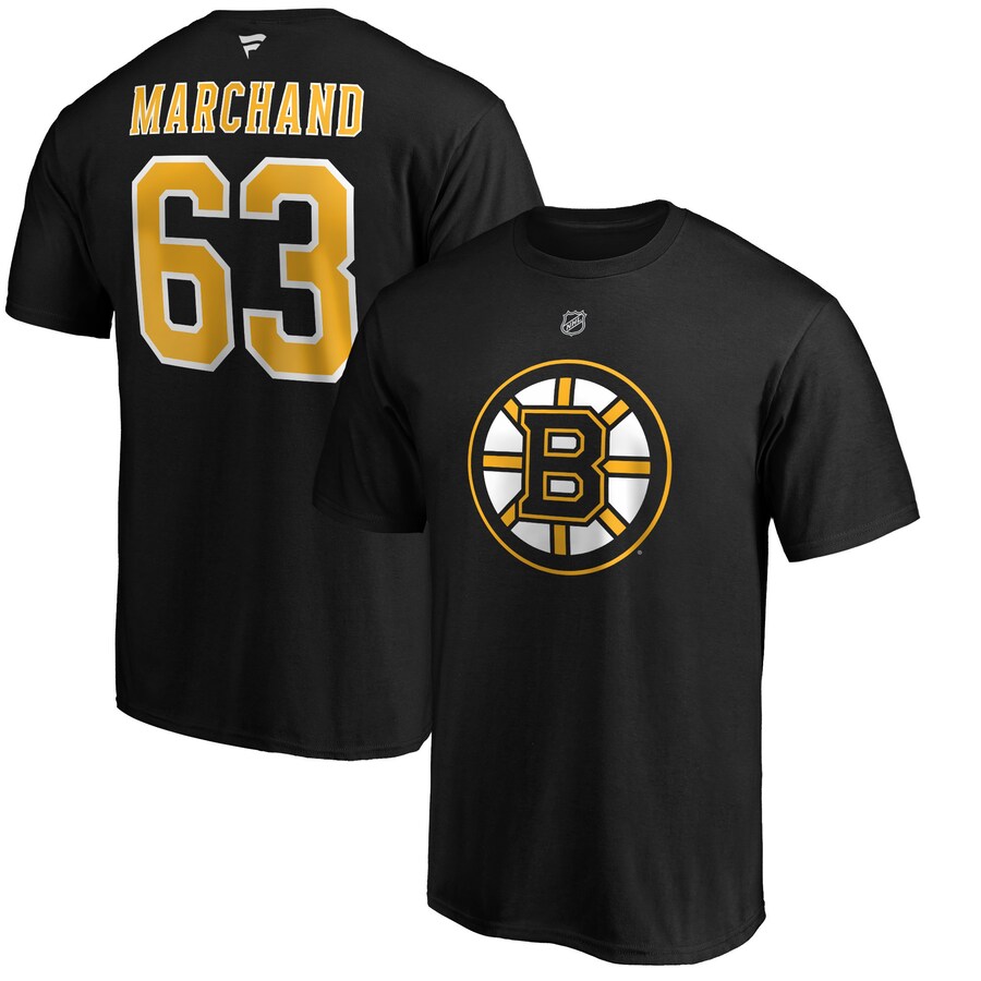 Men's Boston Bruins Brad Marchand Fanatics Black Team Authentic Stack Name & Number T-Shirt