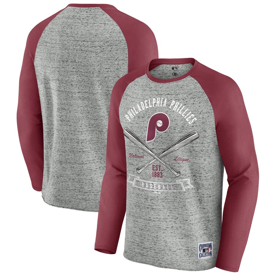 Men's Philadelphia Phillies Darius Rucker Collection by Fanatics Heather Gray Raw Edge Raglan Long Sleeve Baseball T-Shirt