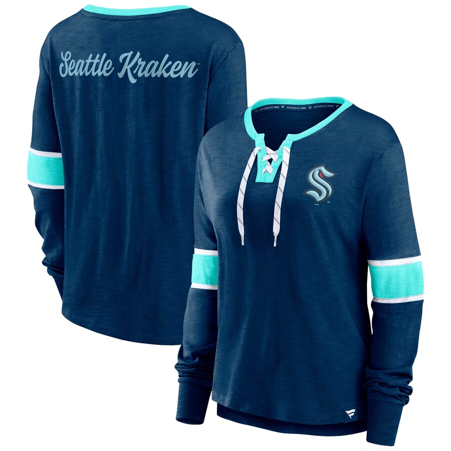 Women's Seattle Kraken Fanatics Deep Sea Blue Effervescent Exclusive Lace-Up Long Sleeve T-Shirt