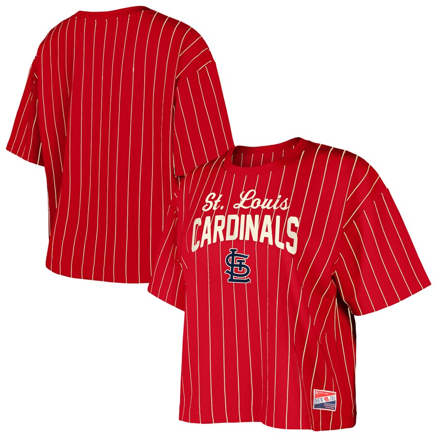 Women's St. Louis Cardinals New Era Red Cooperstown Collection Multiplier Pinstripe Cropped T-Shirt