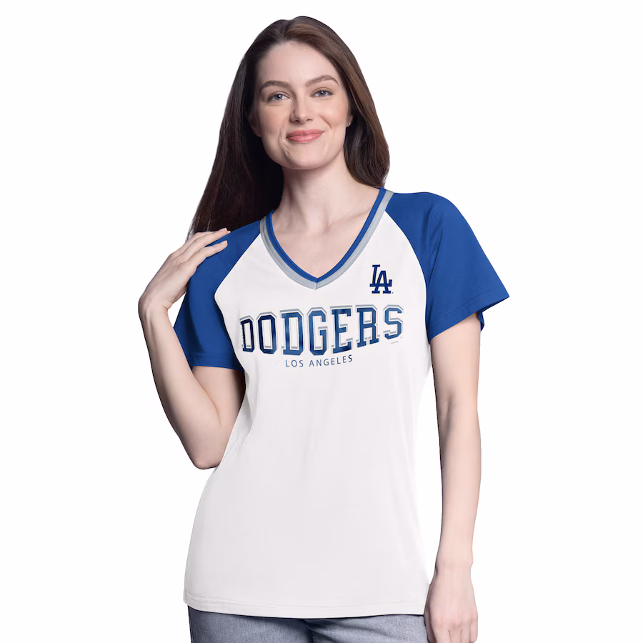 Women's Los Angeles Dodgers G-III 4Her by Carl Banks White/Royal Ball Park Raglan V-Neck T-Shirt
