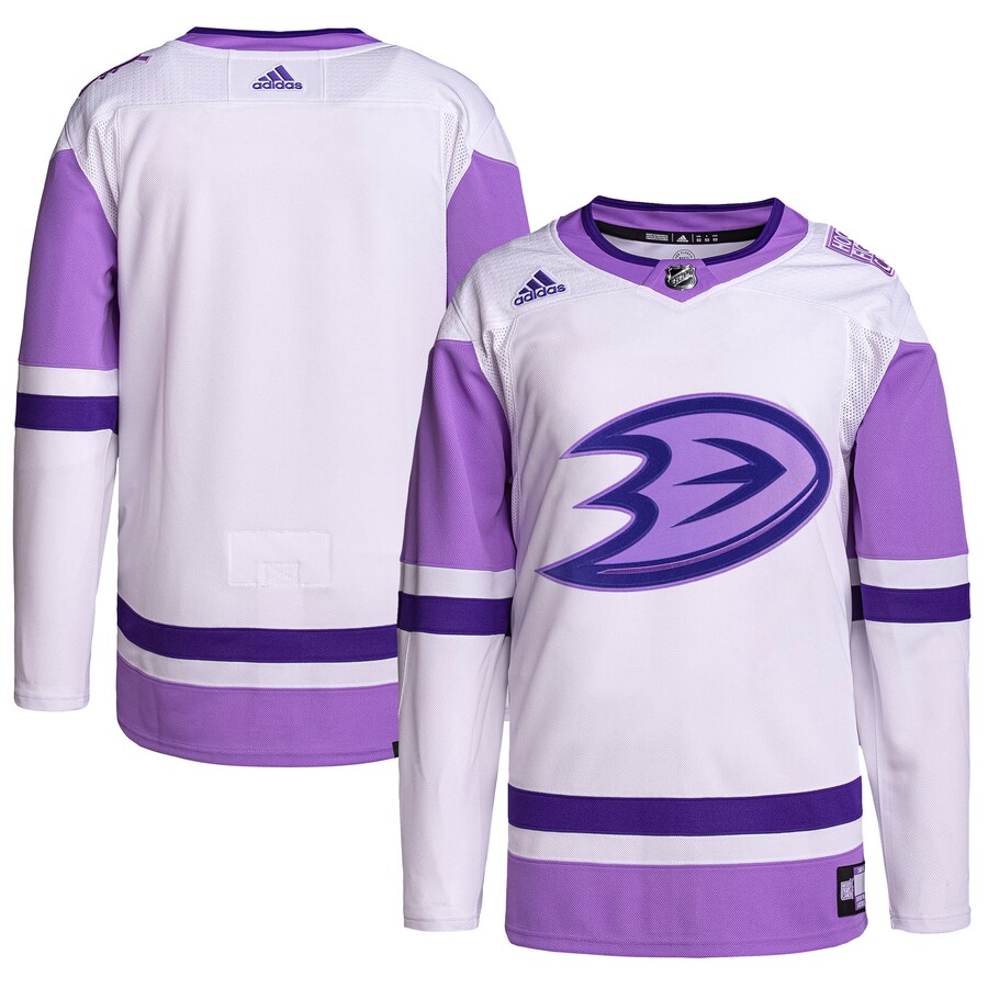Men's Anaheim Ducks adidas White/Purple Hockey Fights Cancer Primegreen Authentic Blank Practice Jersey