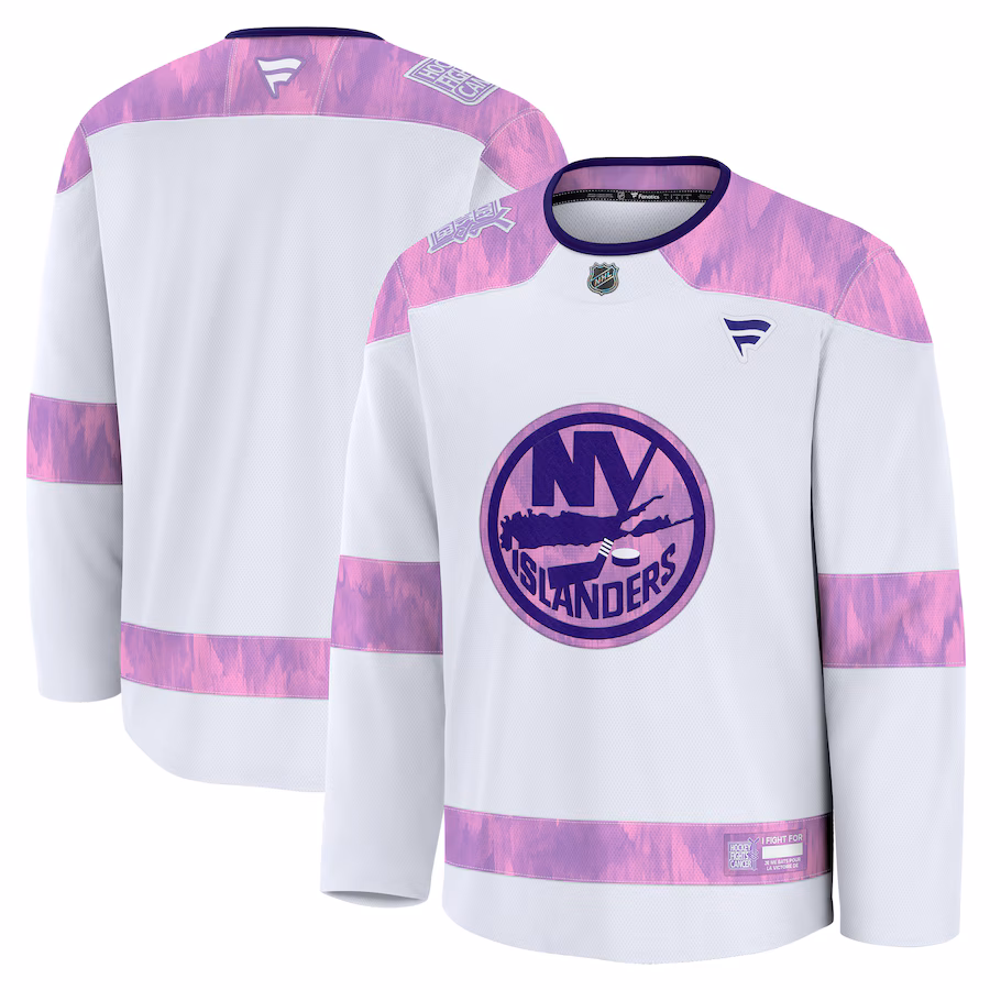 Men's New York Islanders Fanatics White 2024 Hockey Fights Cancer Practice Jersey