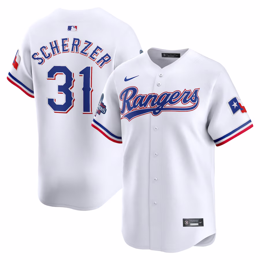 Men's Texas Rangers Max Scherzer Nike White Home 2023 World Series Champions Limited Jersey