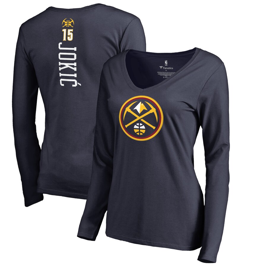 Women's Denver Nuggets Nikola Jokic Navy Team Backer Name & Number Long Sleeve V-Neck T-Shirt
