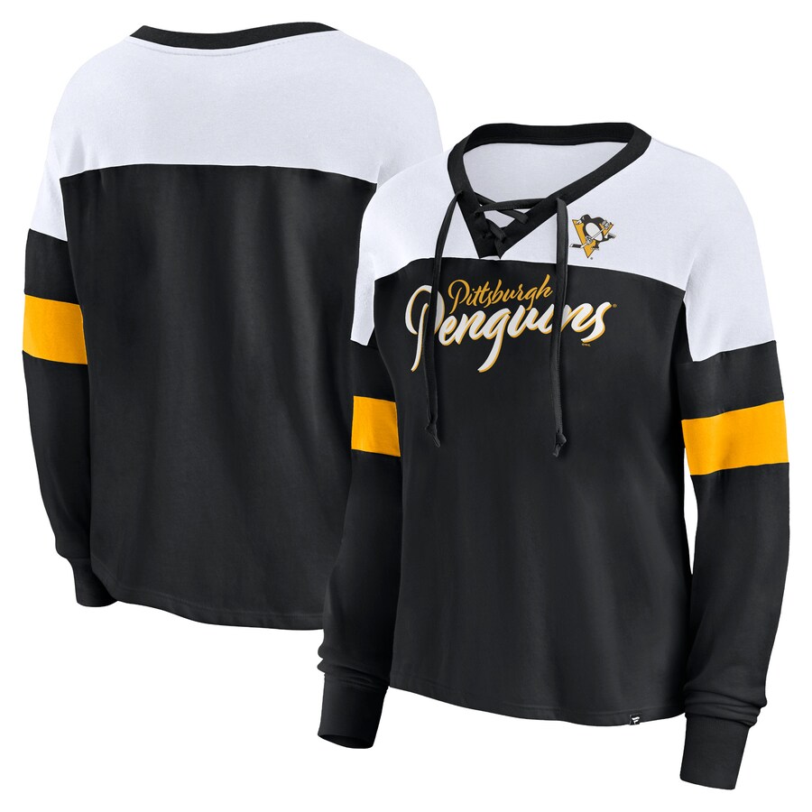 Women's Pittsburgh Penguins Fanatics Black Take the Shot Long Sleeve Lace-Up V-Neck T-Shirt