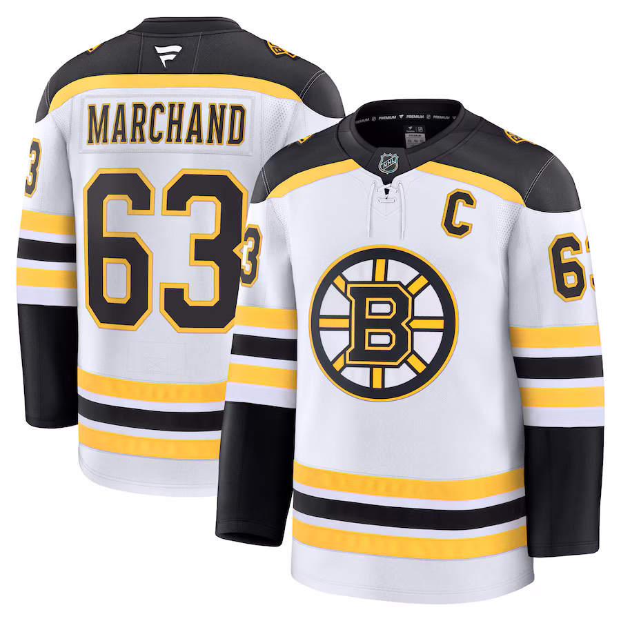Men's Boston Bruins Brad Marchand Fanatics White Away Premium Jersey