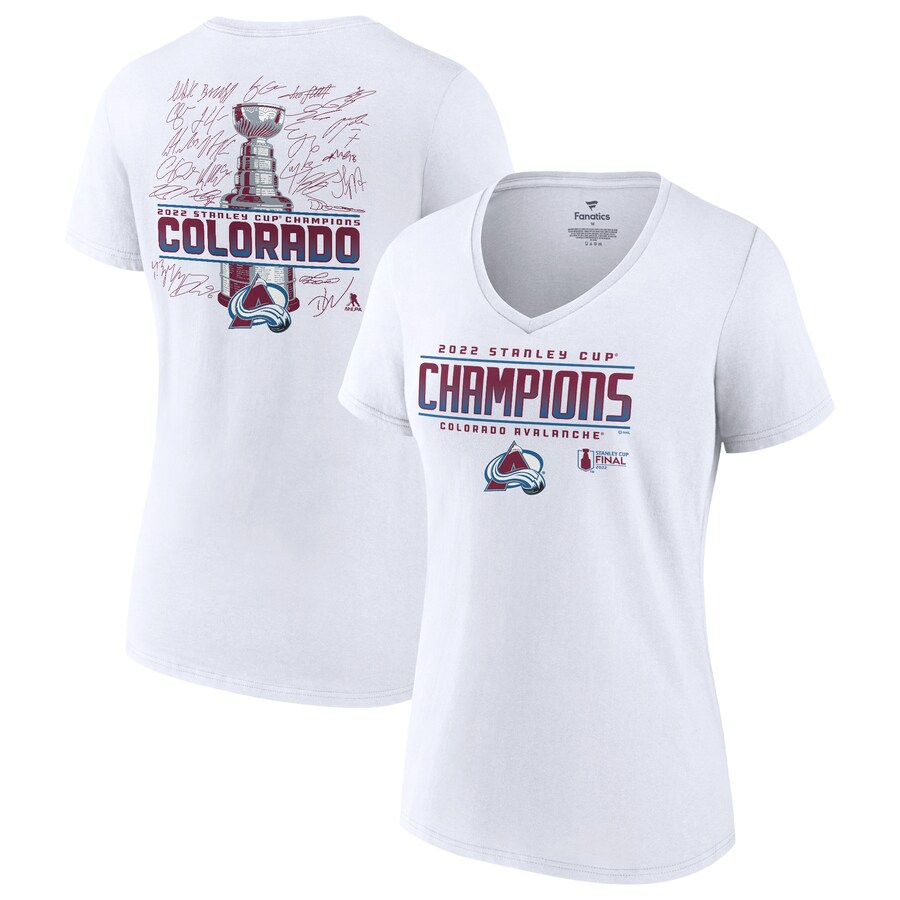 Women's Colorado Avalanche Fanatics White 2022 Stanley Cup Champions Signature Roster V-Neck T-Shirt