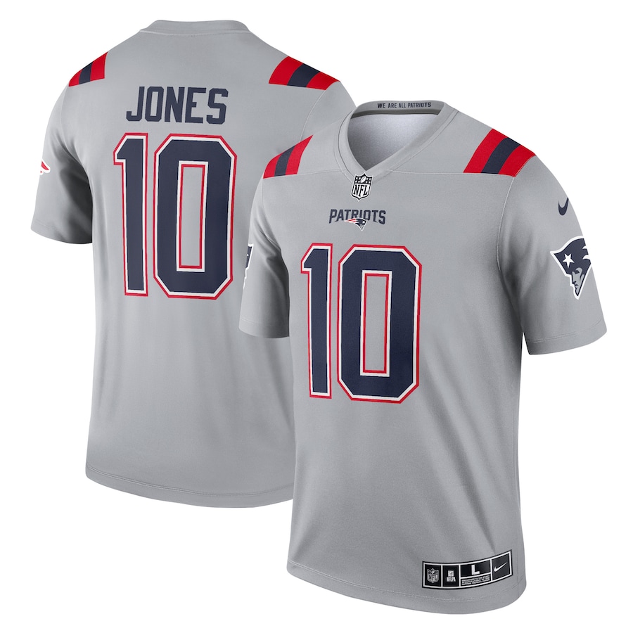 Men's New England Patriots Mac Jones Nike Gray Inverted Legend Player Performance Top