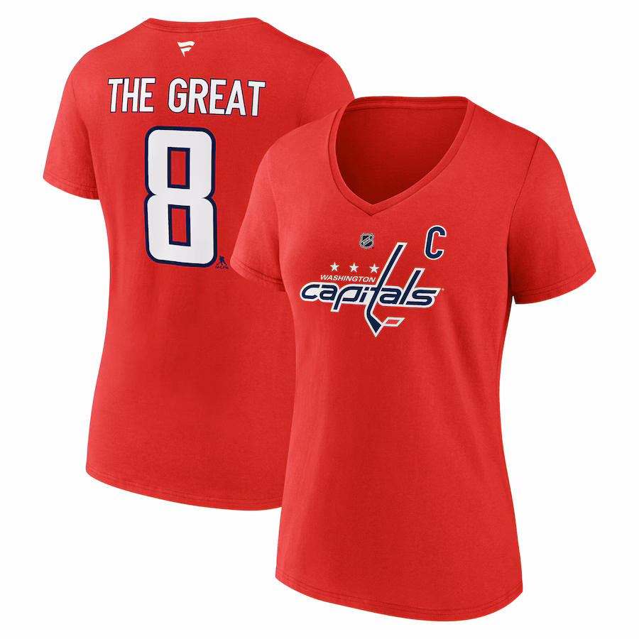 Women's Washington Capitals Alexander Ovechkin Fanatics Athletic Red NHL All-Time Leading Goal Scorer The Great 8 Name & Number V-Neck T-Shirt