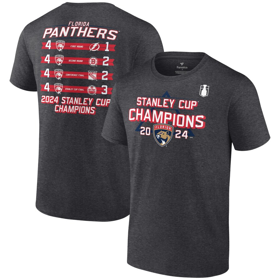 Men's Florida Panthers Fanatics Heather Charcoal 2024 Stanley Cup Champions Schedule T-Shirt