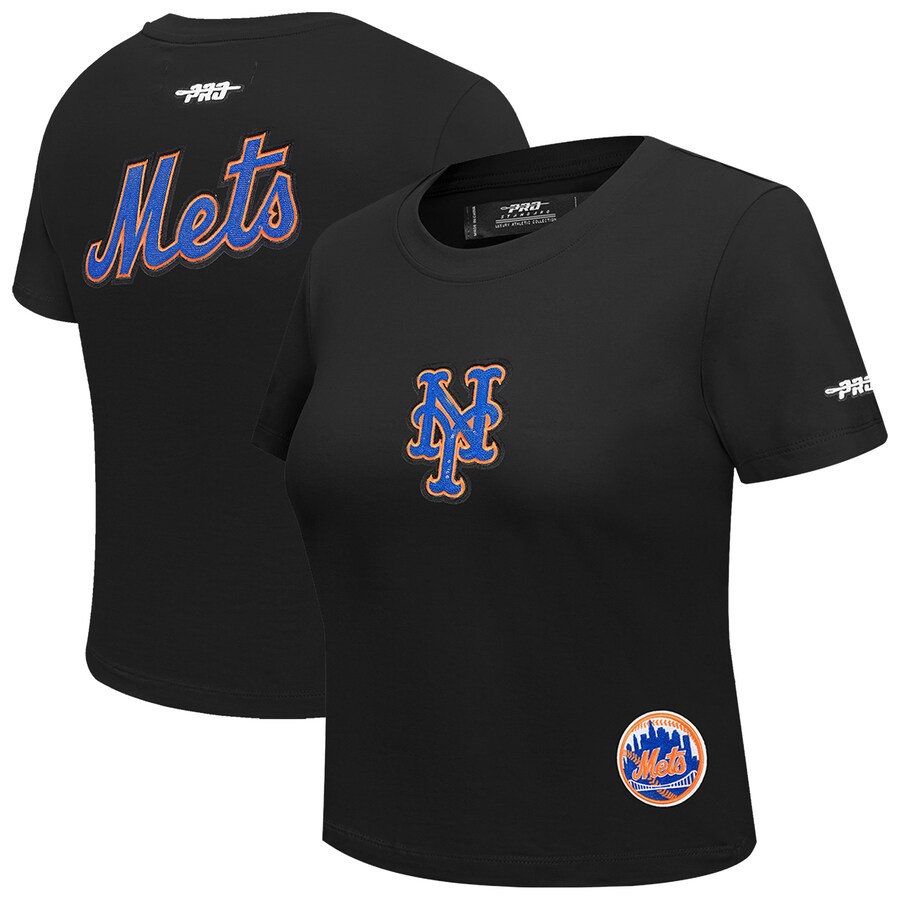 Women's New York Mets Pro Standard Black Game Day Classics Baby Doll Cropped T-Shirt