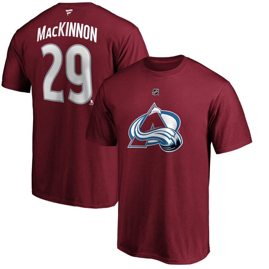 Men's Colorado Avalanche Nathan MacKinnon Fanatics Burgundy Team Authentic Stack Name & Number T-Shirt