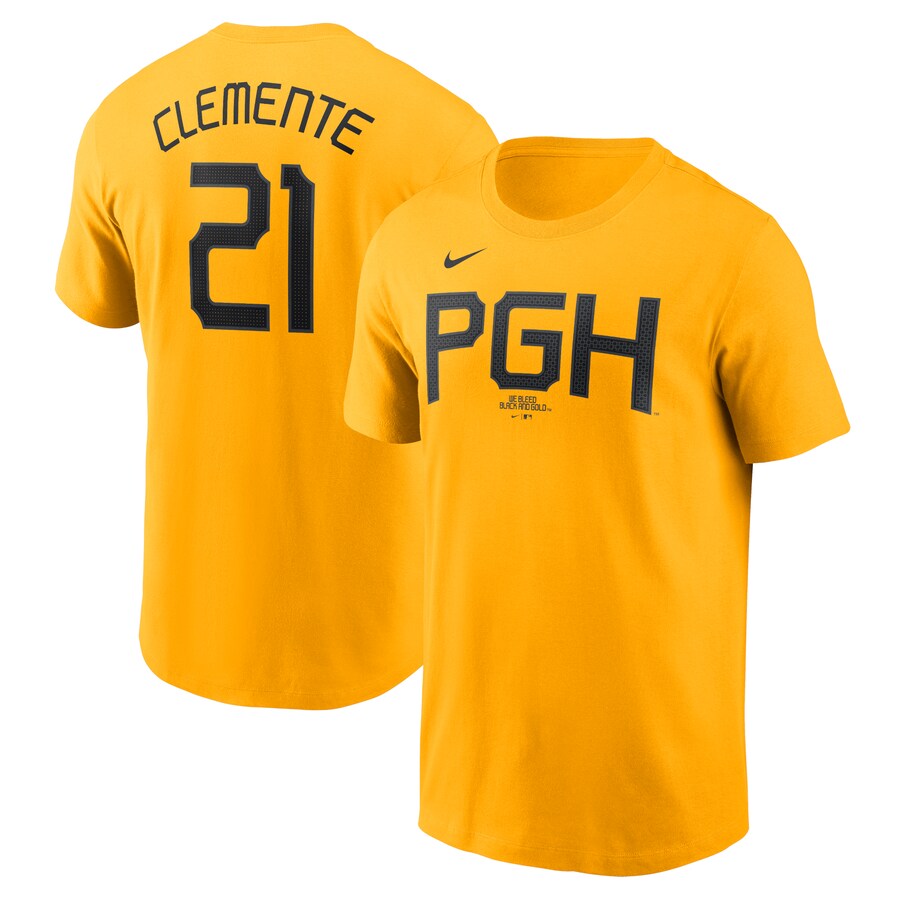 Men's Pittsburgh Pirates Roberto Clemente Nike Gold City Connect Fuse Name & Number T-Shirt