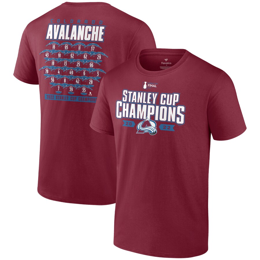 Men's Colorado Avalanche Fanatics Burgundy 2022 Stanley Cup Champions Jersey Roster T-Shirt