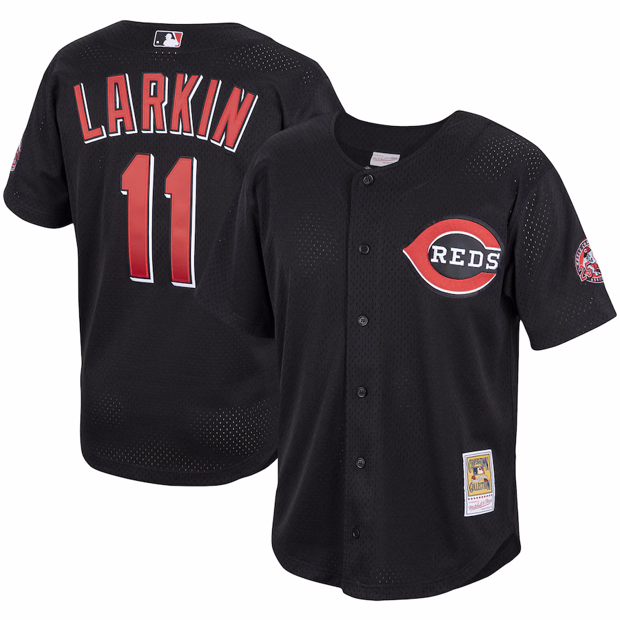 Men's Cincinnati Reds Barry Larkin Mitchell & Ness Black Cooperstown Collection Mesh Batting Practice Button-Up Jersey