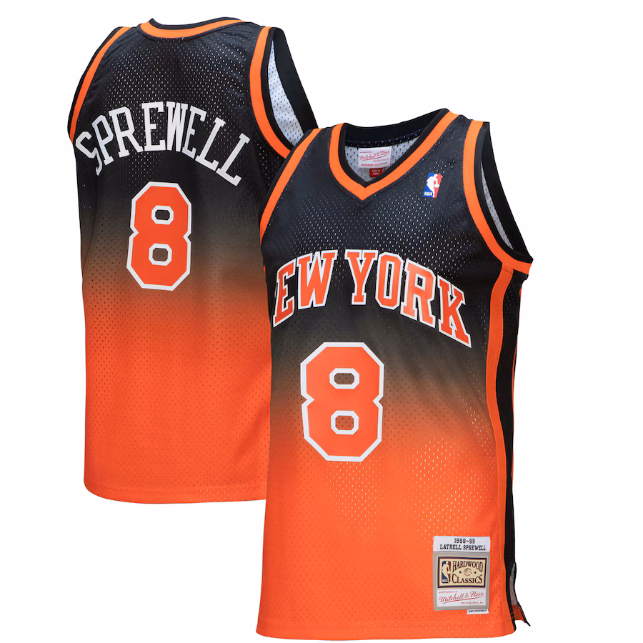 Men's New York Knicks Latrell Sprewell Mitchell & Ness Orange/Black 1998/99 Hardwood Classics Fadeaway Swingman Player Jersey