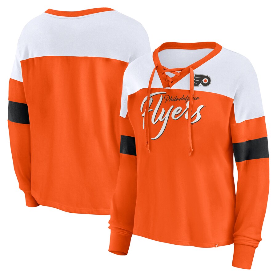 Women's Philadelphia Flyers Fanatics Orange Take the Shot Long Sleeve Lace-Up V-Neck T-Shirt