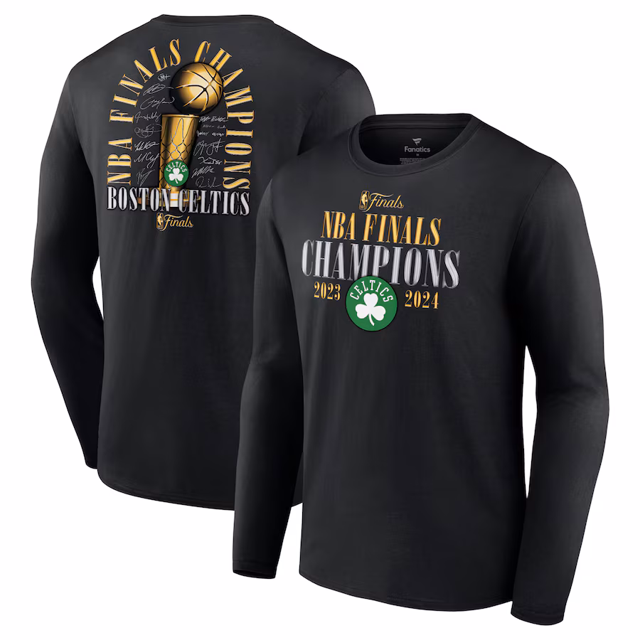 Men's Boston Celtics Fanatics Black 2024 NBA Finals Champions Fade Away Jumper Roster Signature Long Sleeve T-Shirt