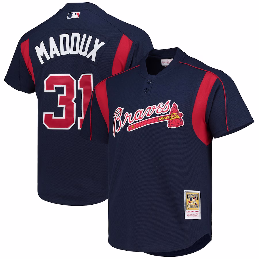 Men's Atlanta Braves Greg Maddux Mitchell & Ness Navy Cooperstown Collection Mesh Batting Practice Button-Up Jersey