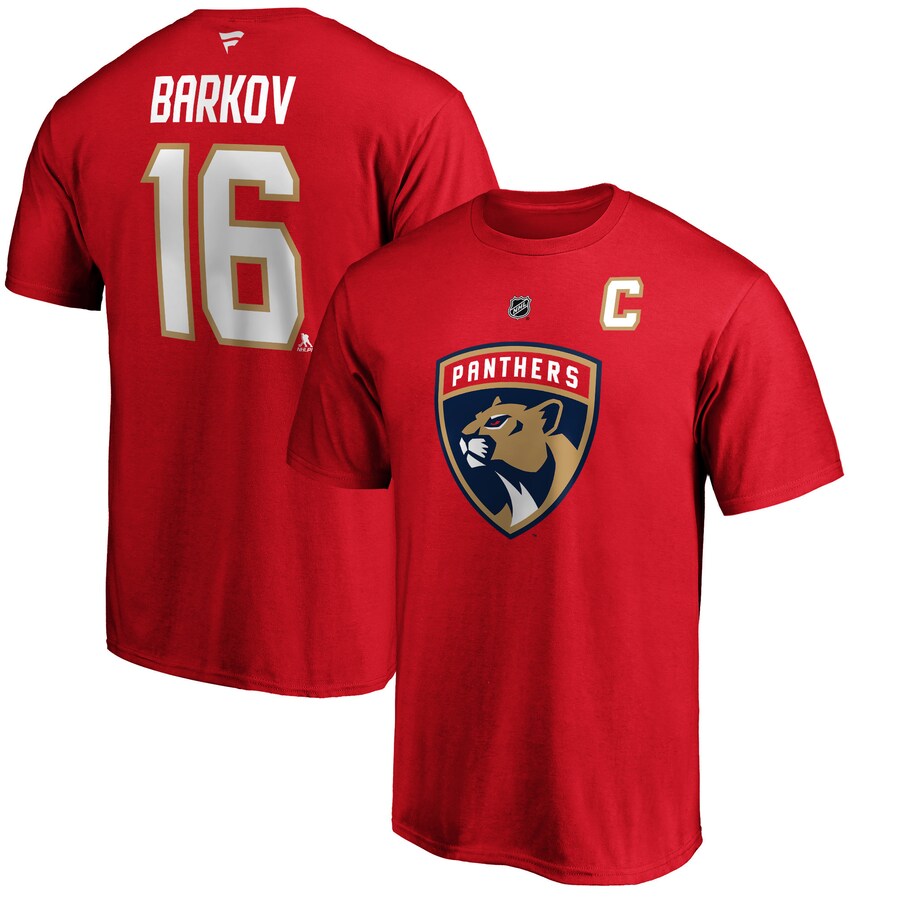 Men's Florida Panthers Aleksander Barkov Fanatics Red Team Authentic Stack Name & Number T-Shirt