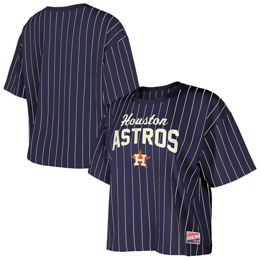 Women's Houston Astros New Era Navy Cooperstown Collection Multiplier Pinstripe Cropped T-Shirt