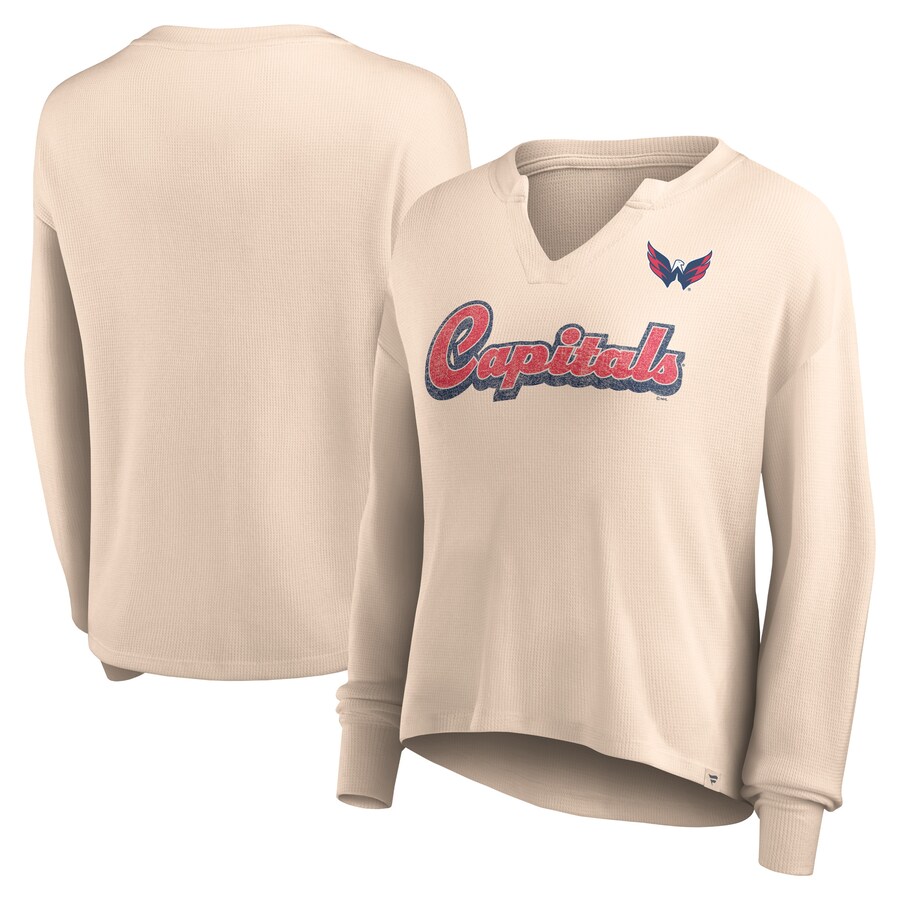Women's Washington Capitals Fanatics Oatmeal Go For It Notch Neck Waffle Knit Long Sleeve T-Shirt