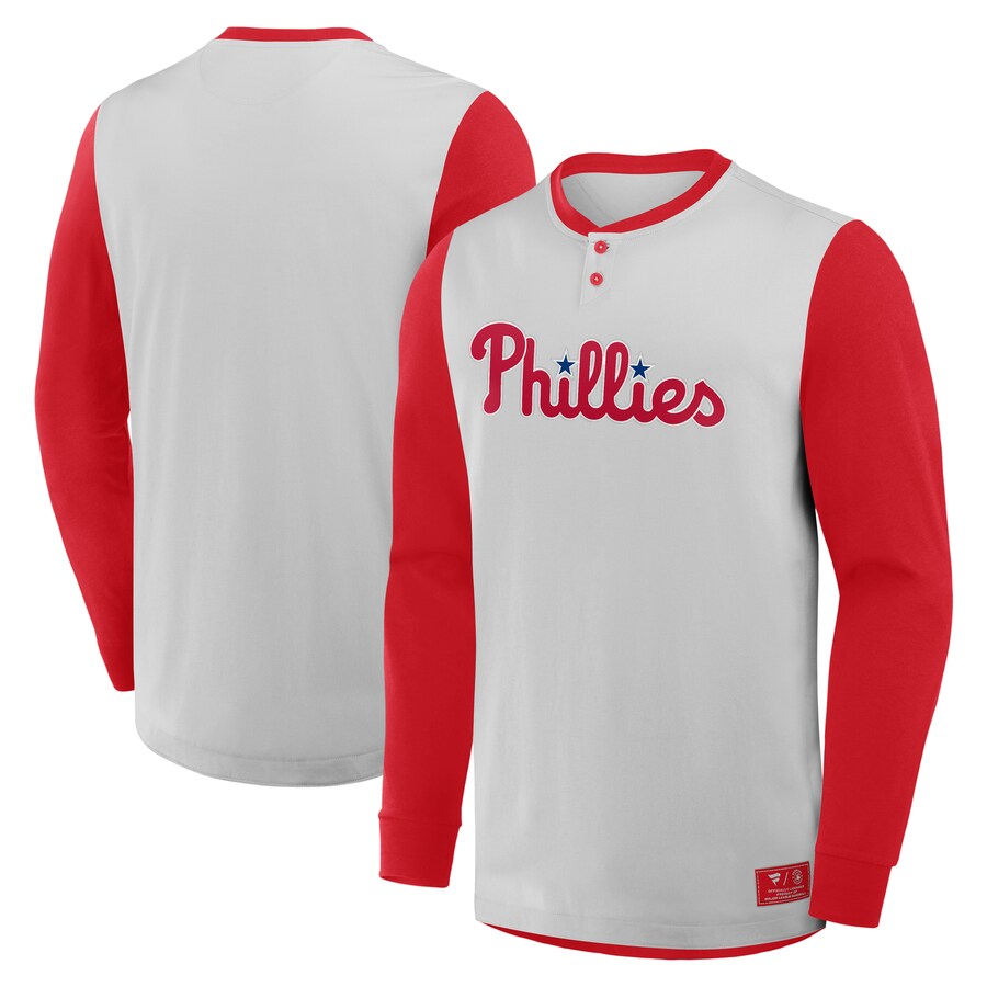 Men's Philadelphia Phillies Fanatics Gray/Red Clubhouse Long Sleeve Henley Shirt