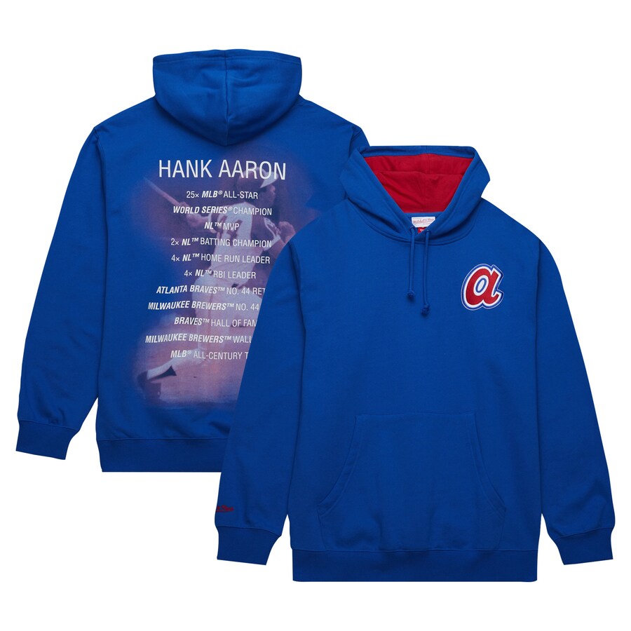Men's Atlanta Braves Hank Aaron Mitchell & Ness Royal Vintage Logo Name & Number Pullover Hoodie