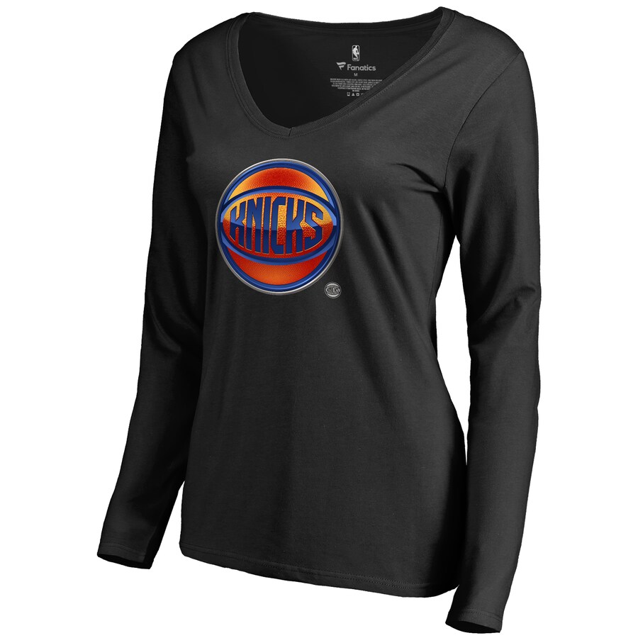 Women's New York Knicks Black Midnight Mascot Long Sleeve V-Neck T-Shirt
