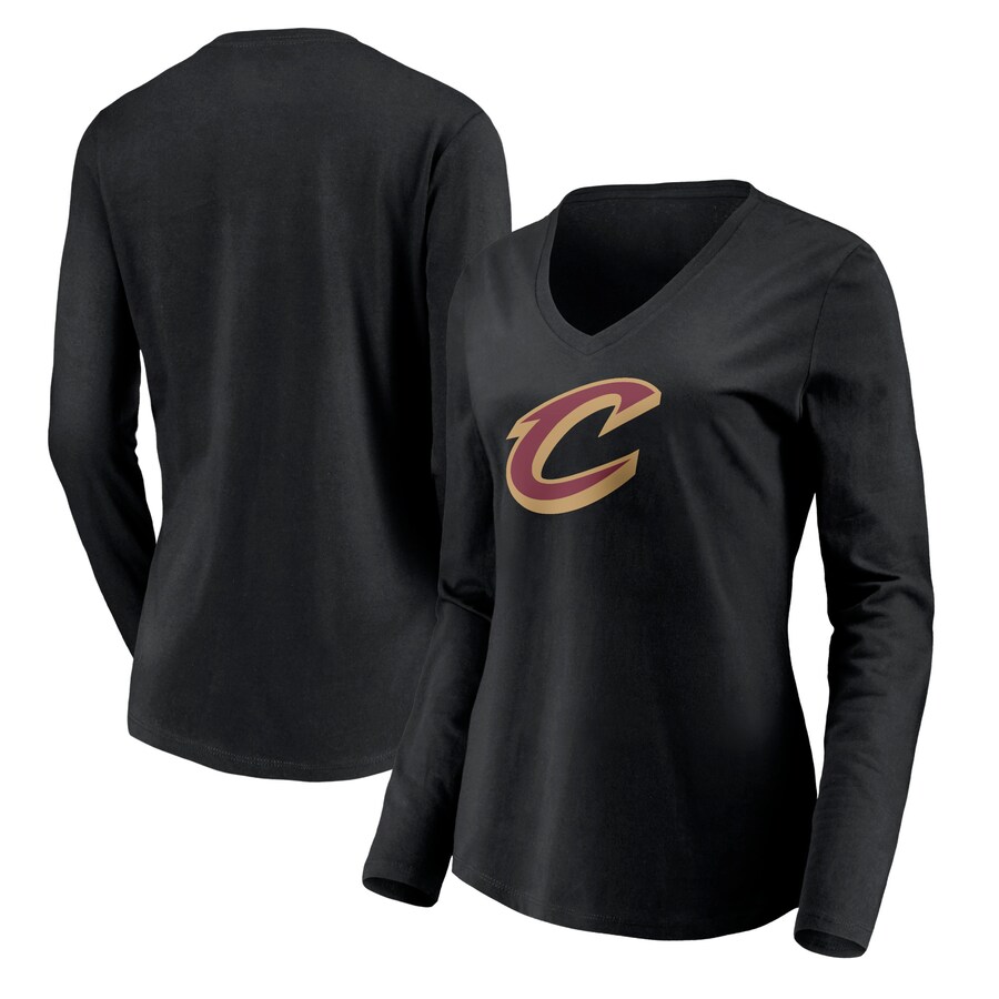 Women's Cleveland Cavaliers Black Primary Logo Team Long Sleeve V-Neck T-Shirt