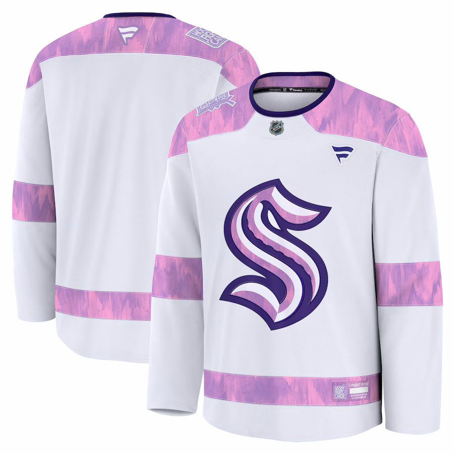 Men's Seattle Kraken Fanatics White 2024 Hockey Fights Cancer Practice Jersey