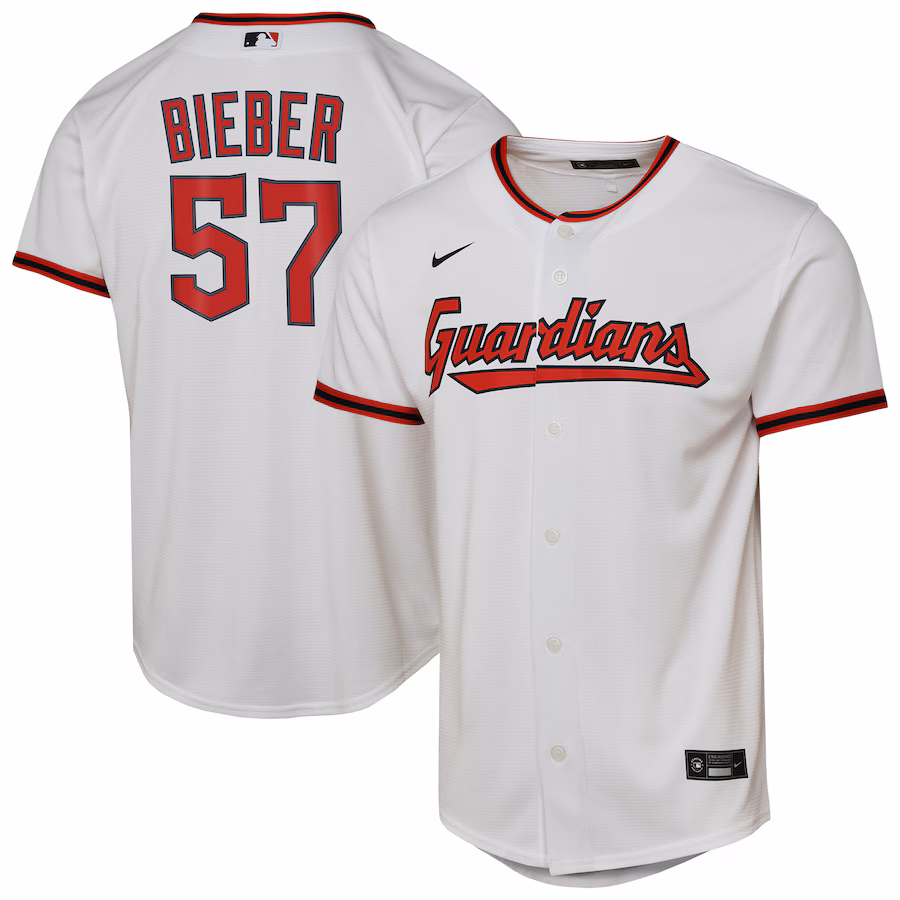 Youth Cleveland Guardians Shane Bieber Nike White Home Replica Player Jersey