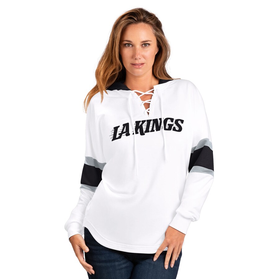 Women's Los Angeles Kings G-III 4Her by Carl Banks White Goal Zone Long Sleeve Lace-Up Hoodie T-Shirt