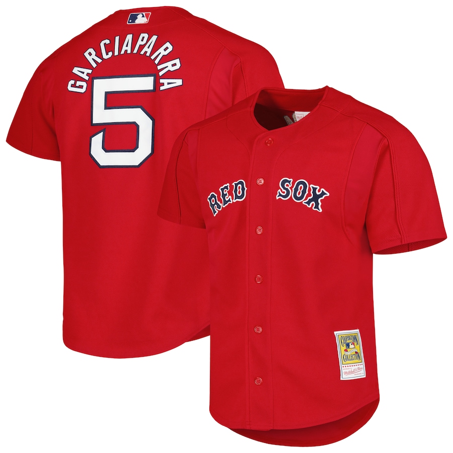 Men's Boston Red Sox Nomar Garciaparra Mitchell & Ness Red Cooperstown Collection Mesh Batting Practice Button-Up Jersey