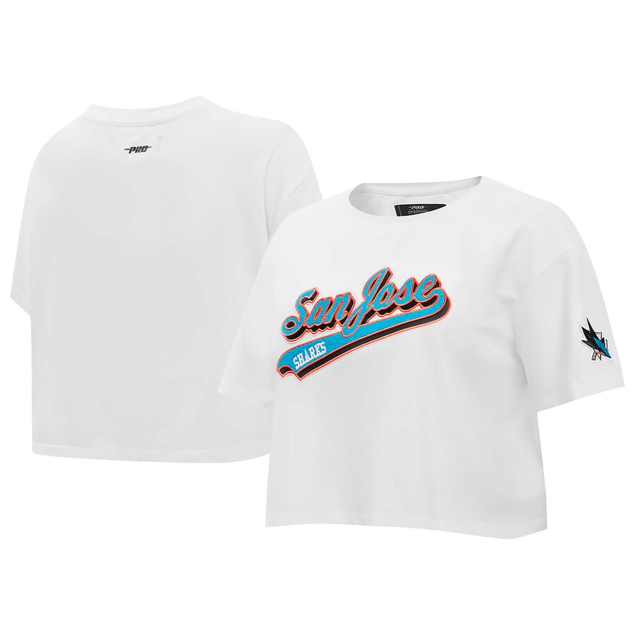 Women's San Jose Sharks Pro Standard White Boxy Script Tail Cropped T-Shirt