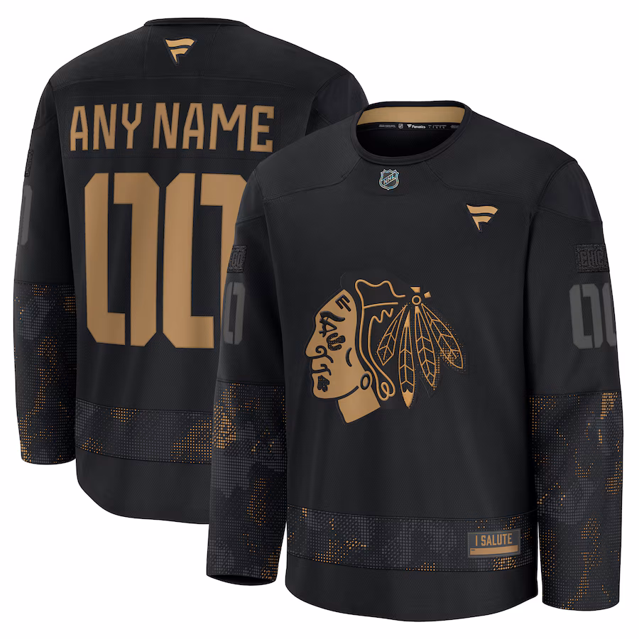 Men's Chicago Blackhawks Fanatics Black 2024 Military Appreciation Custom Practice Jersey