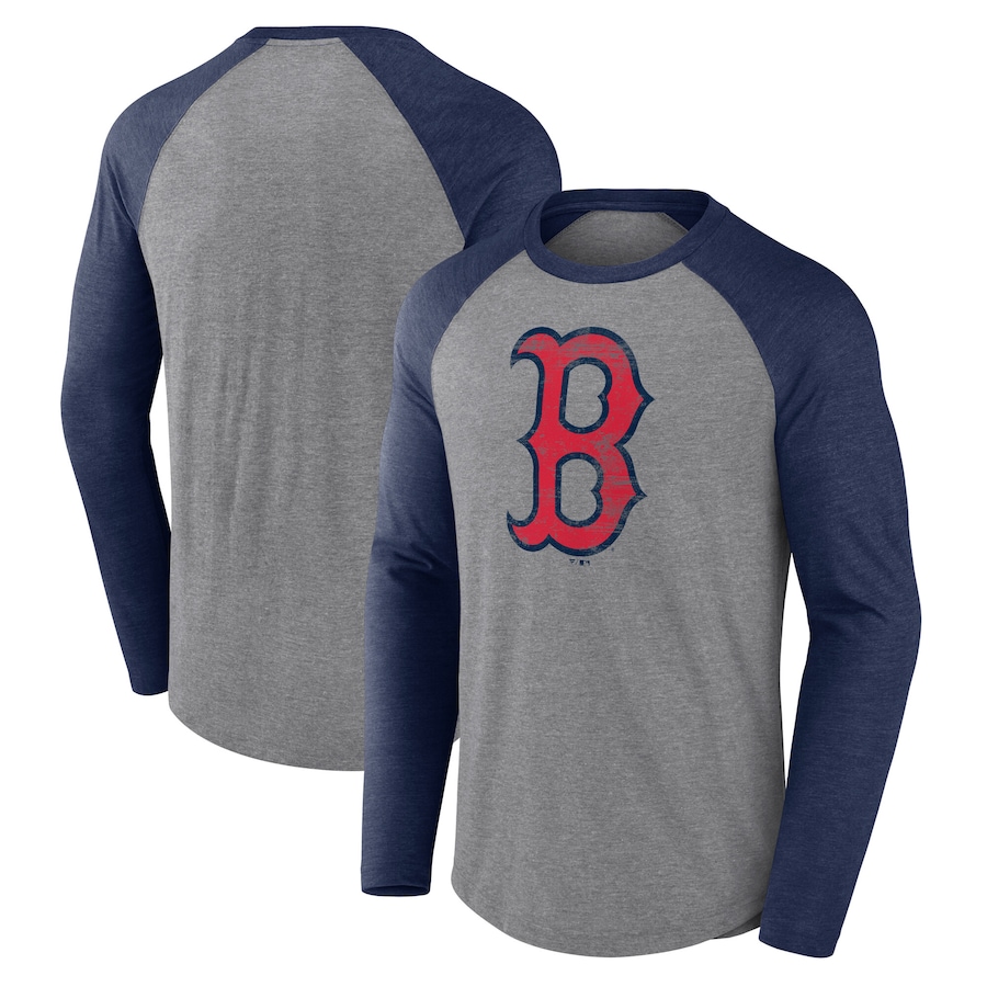 Men's Boston Red Sox Fanatics Heather Gray/Heather Navy Weathered Logo Tri-Blend Raglan Long Sleeve T-Shirt