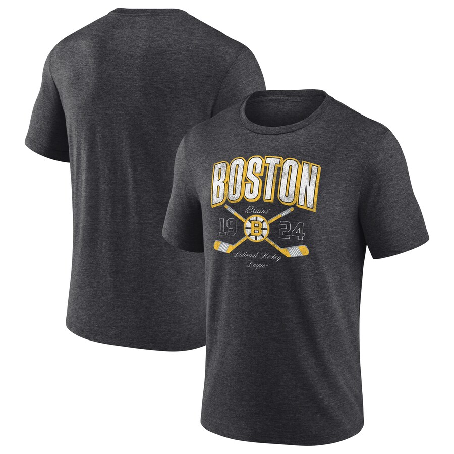 Men's Boston Bruins Fanatics Heather Charcoal Vintage Cross Sticks Distressed Tri-Blend T-Shirt