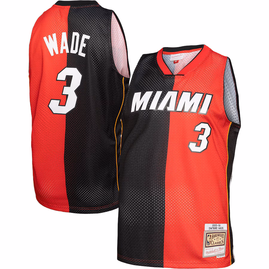 Men's Miami Heat Dwyane Wade Mitchell & Ness Black/Red Hardwood Classics 2005/06 Split Swingman Jersey