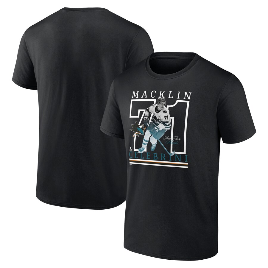 Men's San Jose Sharks Macklin Celebrini Fanatics Black Authentic Stack Name & Number T-Shirt