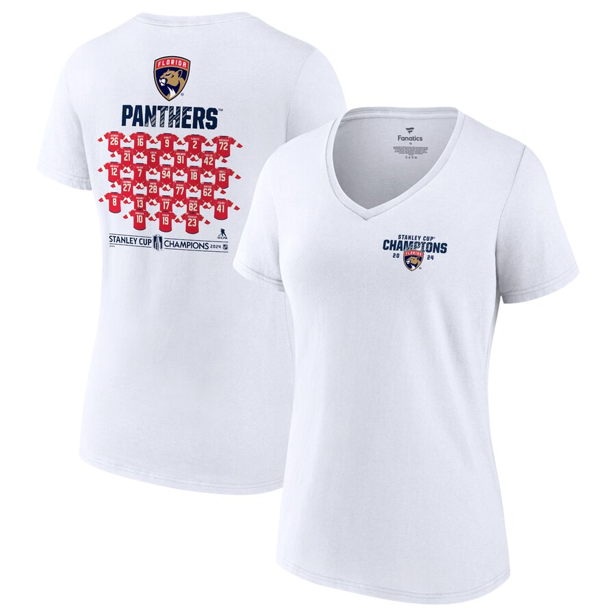 Women's Florida Panthers Fanatics White 2024 Stanley Cup Champions Jersey Roster V-Neck T-Shirt