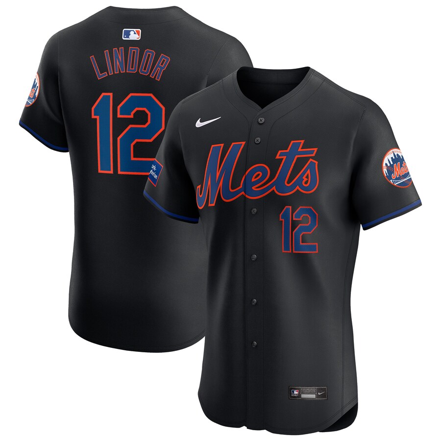 Men's New York Mets Francisco Lindor Nike Black Alternate Elite Sponsor Patch Player Jersey