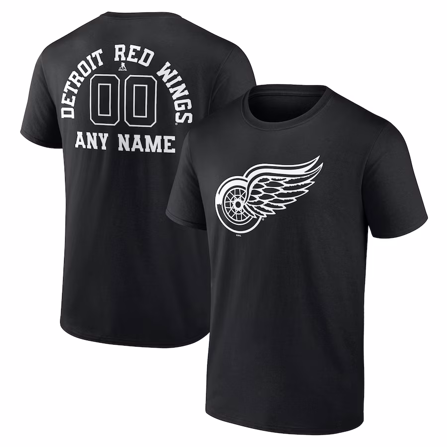 Men's Detroit Red Wings Black Personalized Name & Number Monochrome T-Shirt