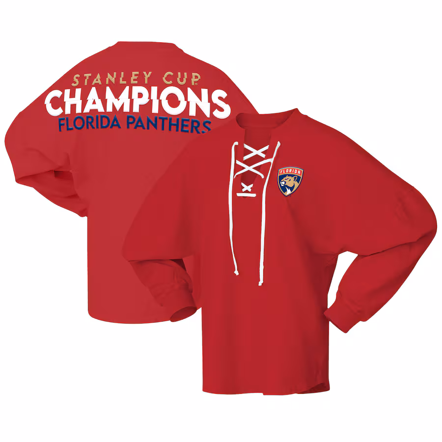 Women's Florida Panthers Fanatics Red 2024 Stanley Cup Champions Lace-Up Spirit Long Sleeve Top