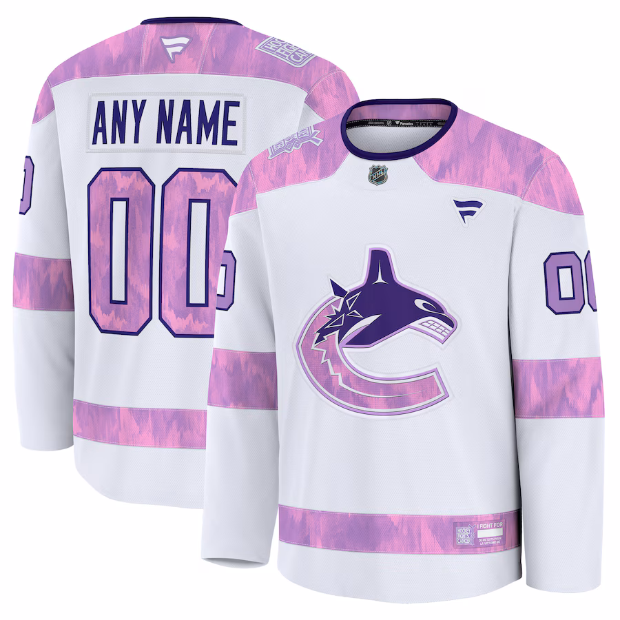 Men's Vancouver Canucks Fanatics White 2024 Hockey Fights Cancer Custom Practice Jersey